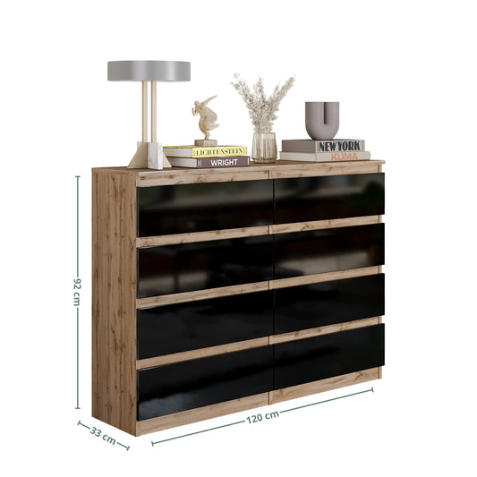 GABRIEL - Cassettiera a 8 cassetti - Credenza per camera da letto - Rovere Wotan / Nero Lucido