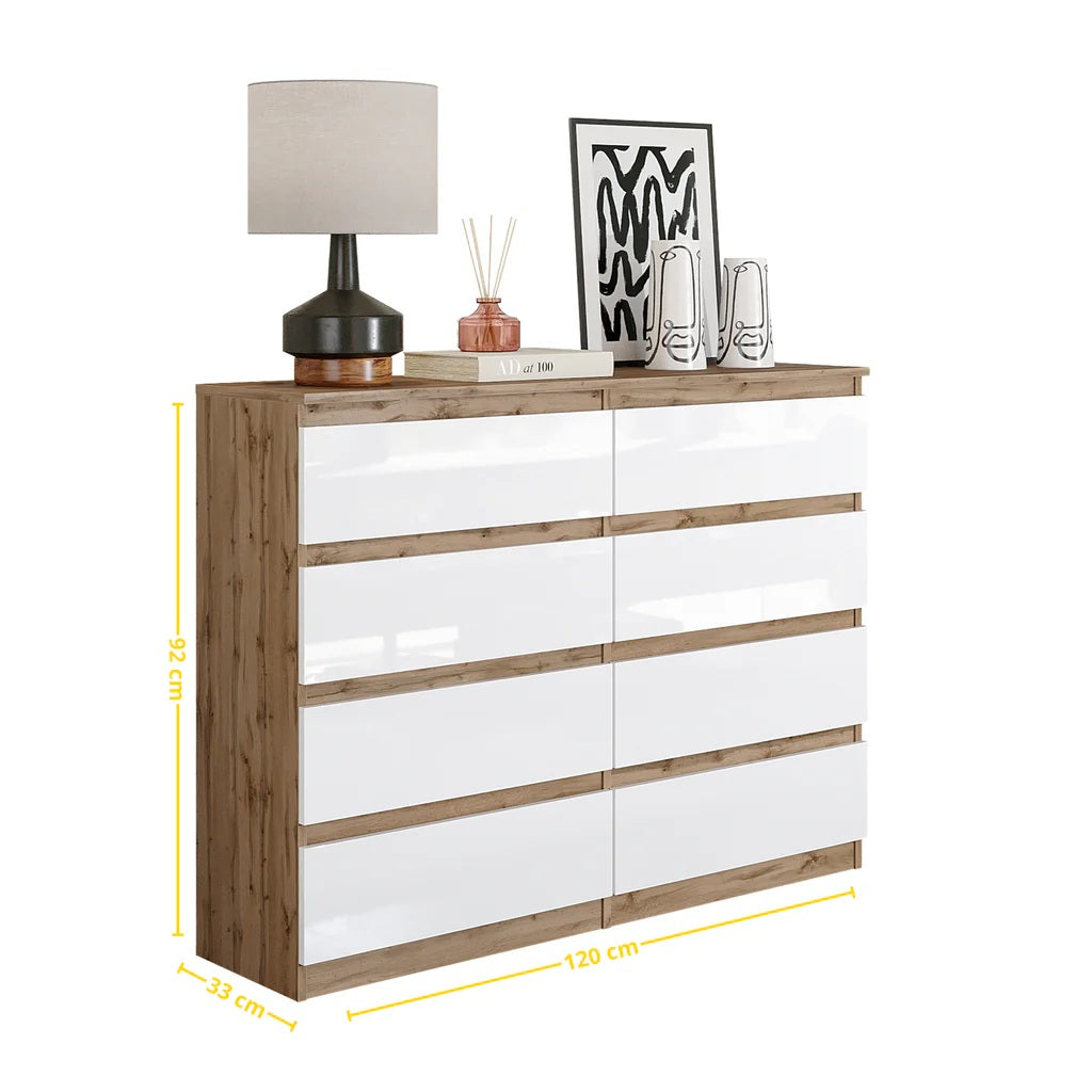 GABRIEL - Cassettiera a 8 cassetti - Credenza per camera da letto - Rovere Wotan / Bianco Lucido