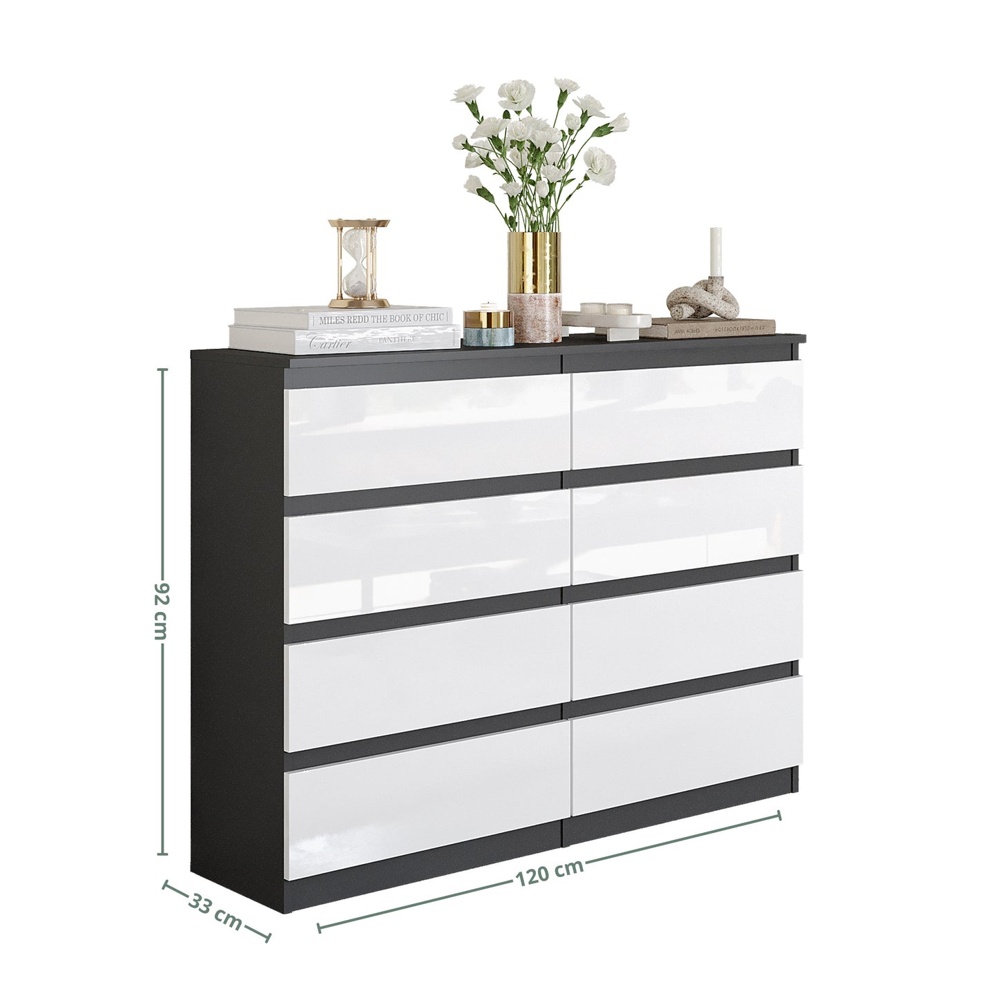 GABRIEL - Cassettiera a 8 cassetti - Credenza per camera da letto - Antracite / Bianco Lucido
