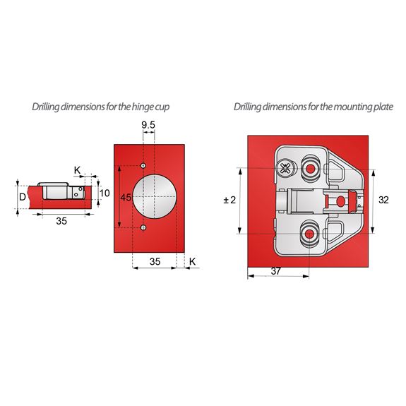 110° Cerniera per mobili ammortizzate 3D , H0 con viti EURO, Porte sovrapposte Furnica 