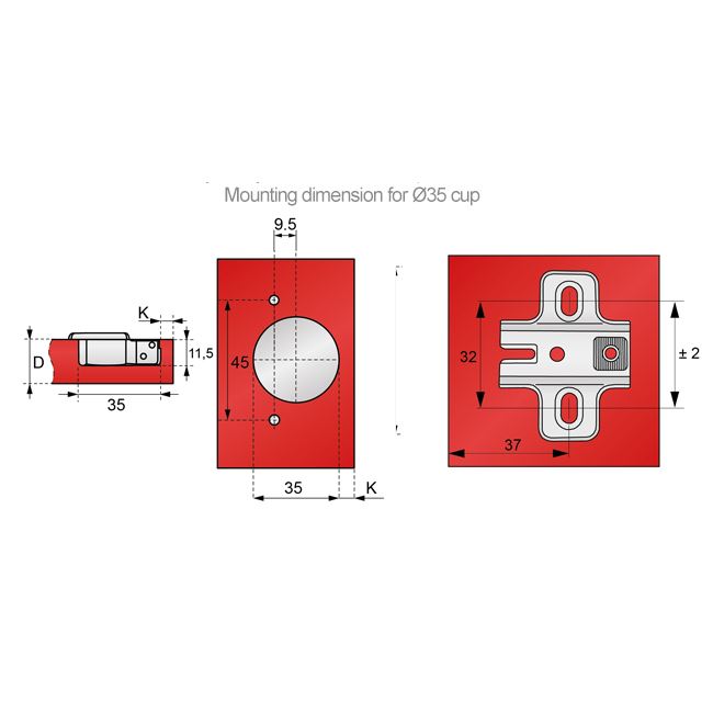 110° Cerniera per mobili, H0 con viti EURO, Porte sovrapposte Furnica 