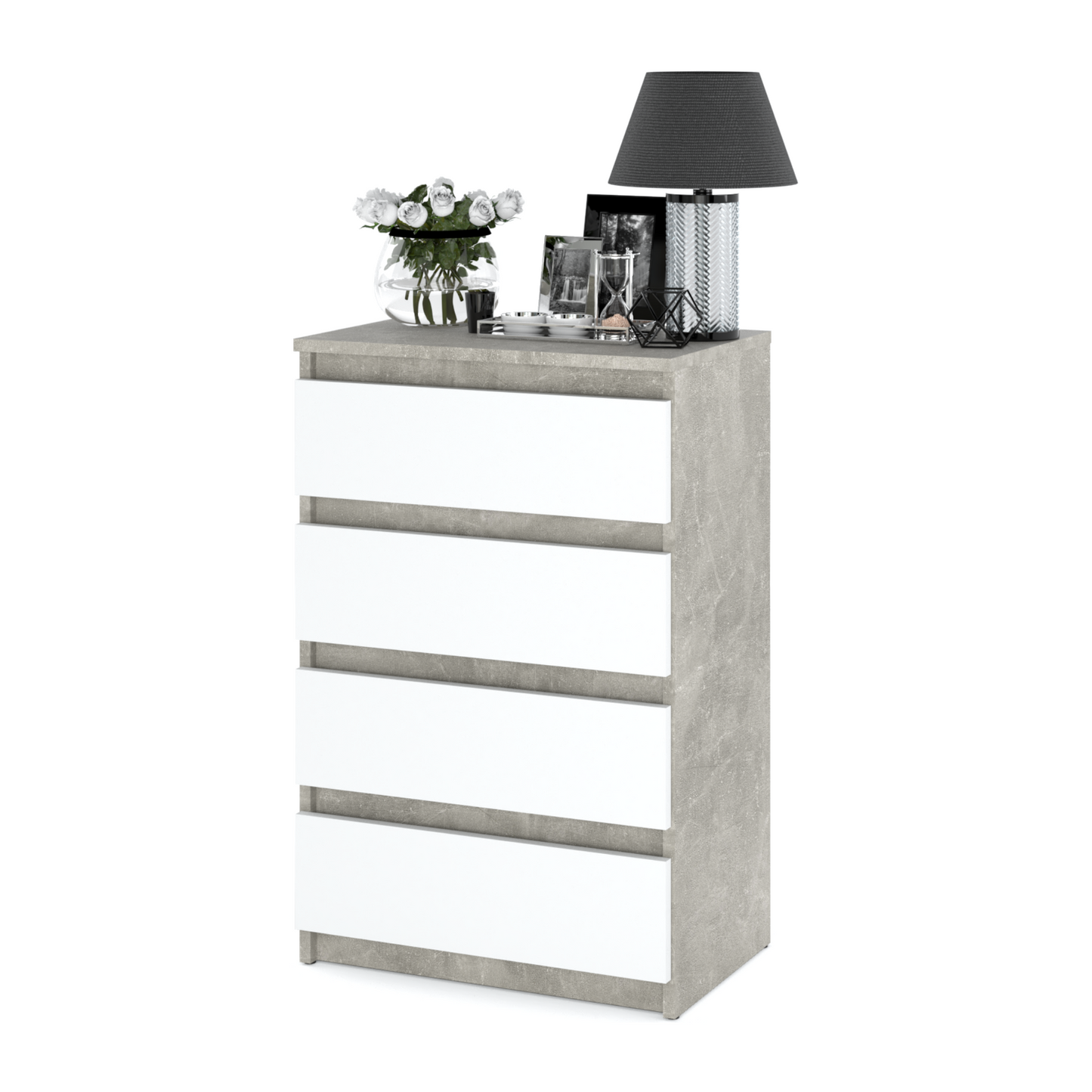 GABRIEL - Comò a 4 cassetti - Credenza per camera da letto - Calcestruzzo / Bianco opaco