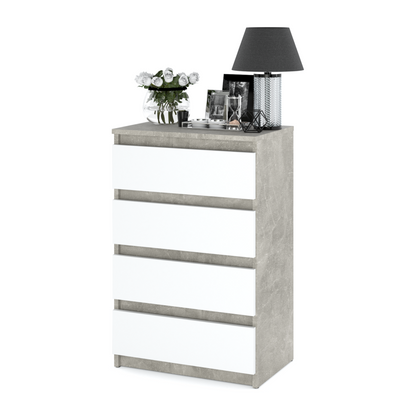 GABRIEL - Comò a 4 cassetti - Credenza per camera da letto - Calcestruzzo / Bianco opaco