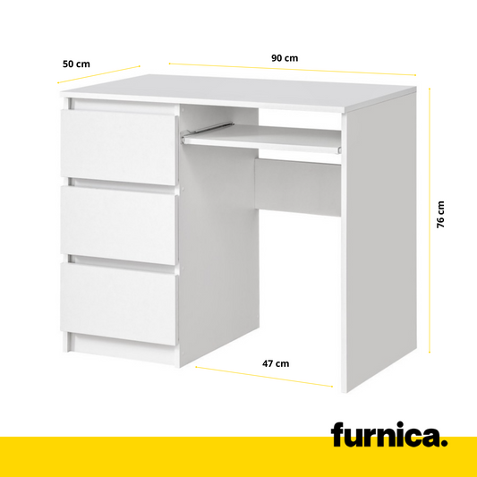 BRUNO - Scrivania per computer con 3 cassetti e vassoio per tastiera H76cm L90cm P50cm Sinistra - Bianco Opaco
