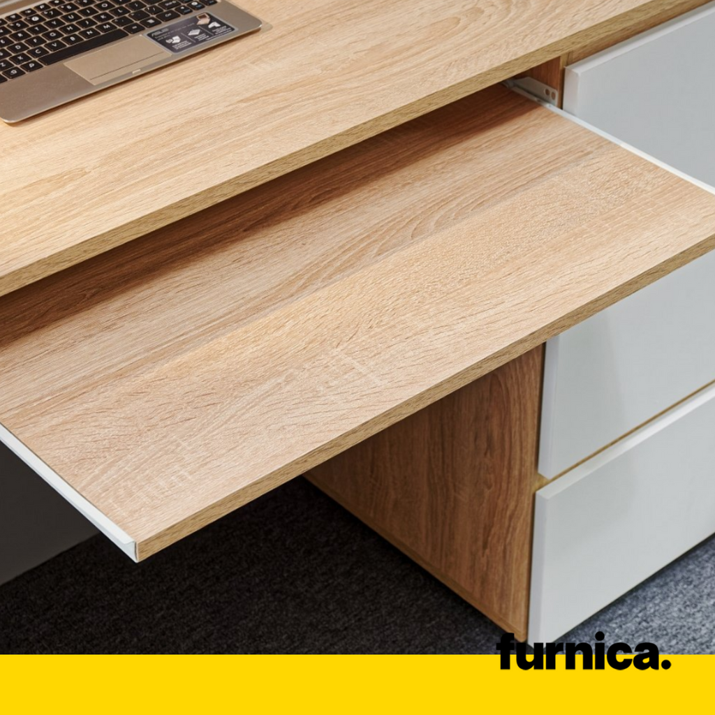 BRUNO - Scrivania per computer con 3 cassetti e vassoio per tastiera H76cm L90cm P50cm Sinistra - Rovere Sonoma / Bianco Opaco