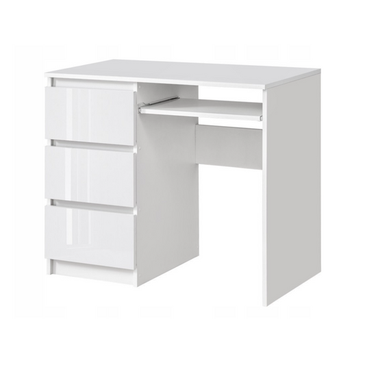 BRUNO - Scrivania per computer con 3 cassetti e vassoio per tastiera H76cm L90cm P50cm Sinistra - Bianco / Bianco lucido