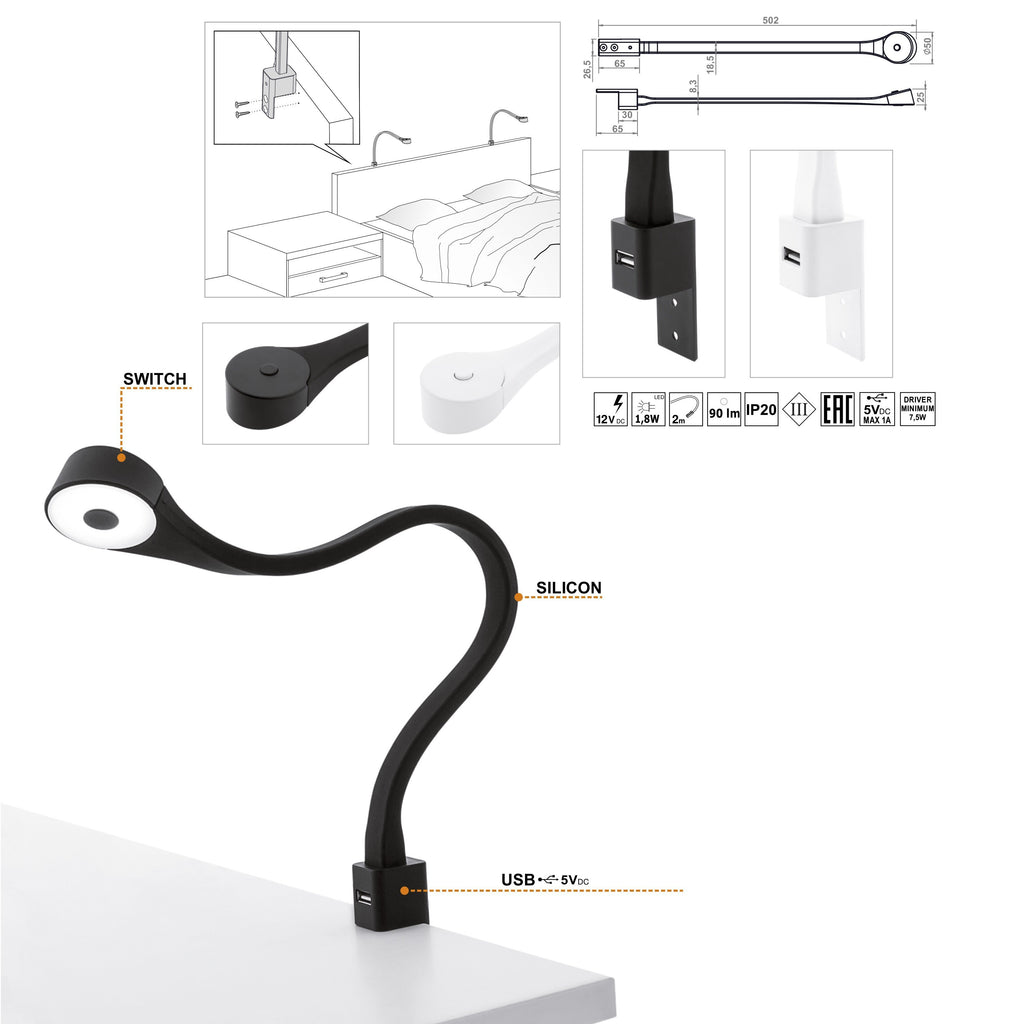2 lampade a LED per camera da letto con USB + alimentatore