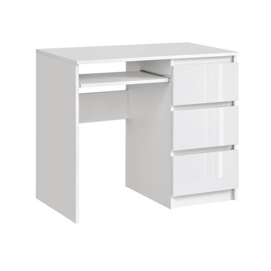 BRUNO - Scrivania per computer con 3 cassetti e vassoio per tastiera H76cm L90cm P50cm Destra - Bianco / Bianco lucido