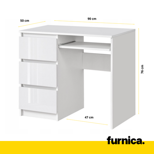 BRUNO - Scrivania per computer con 3 cassetti e vassoio per tastiera H76cm L90cm P50cm Sinistra - Bianco / Bianco lucido
