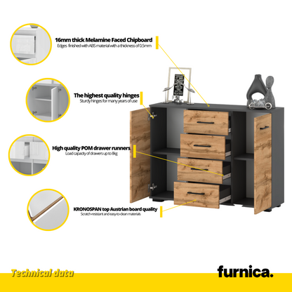 MARK - Cassettiera con 4 cassetti e 2 ante - Credenza per camera da letto - Antracite / Bianco opaco
