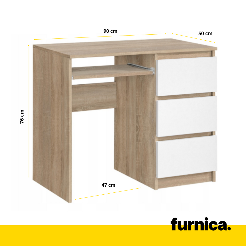 BRUNO - Scrivania per computer con 3 cassetti e vassoio per tastiera H76cm L90cm P50cm Destra - Rovere Sonoma / Bianco Opaco