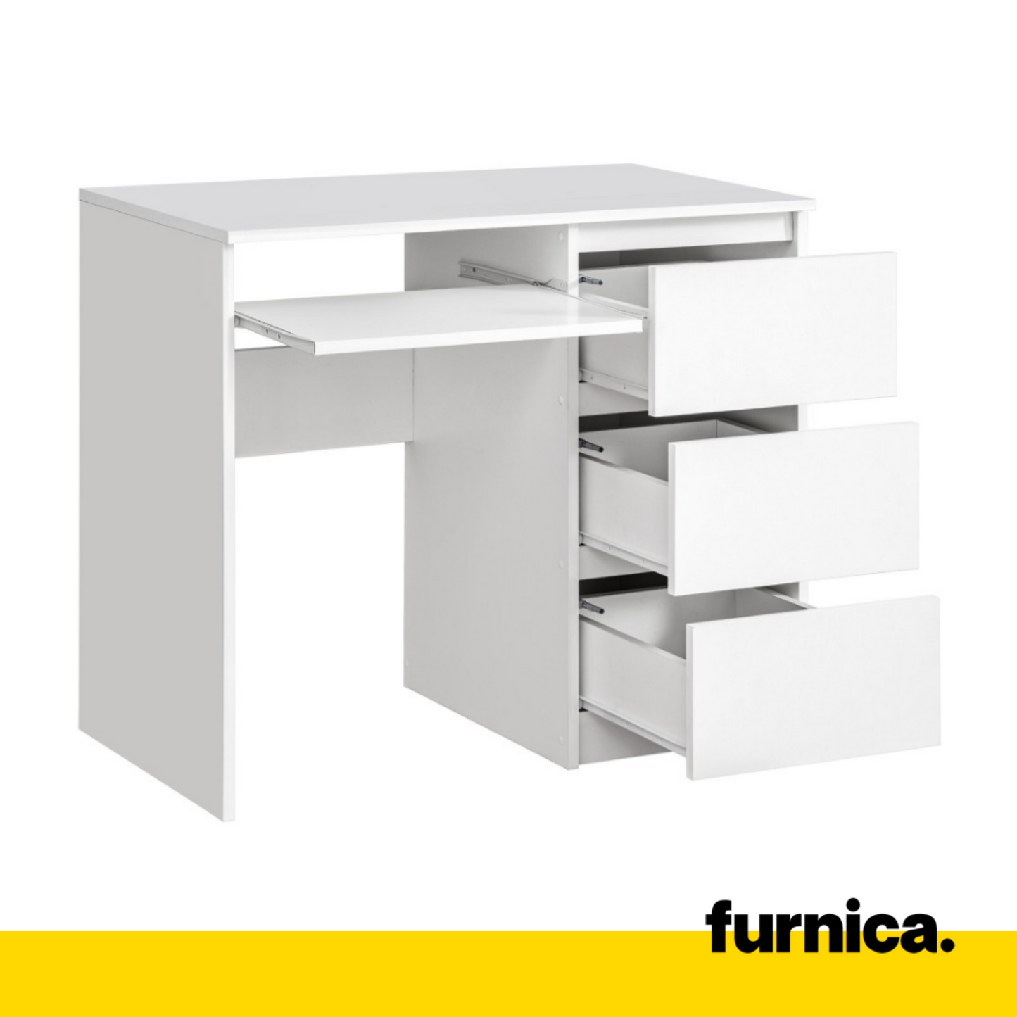 BRUNO - Scrivania per computer con 3 cassetti e vassoio per tastiera H76cm L90cm P50cm Destra - Bianco opaco