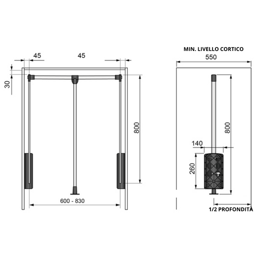 Appendiabiti saliscendi per armadio 600-830mm - Cromo/Bianco