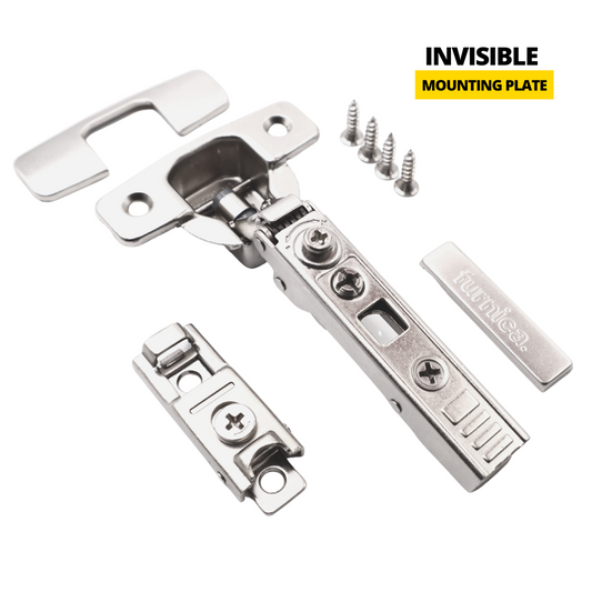 Cerniera 4D 110° Soft-Close, H0 Piastra di montaggio invisibile con viti EURO e coperture, porte Overlay