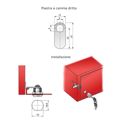 Serratura per cassetta postale con piastra a camma diritta 19x30mm, Cromo