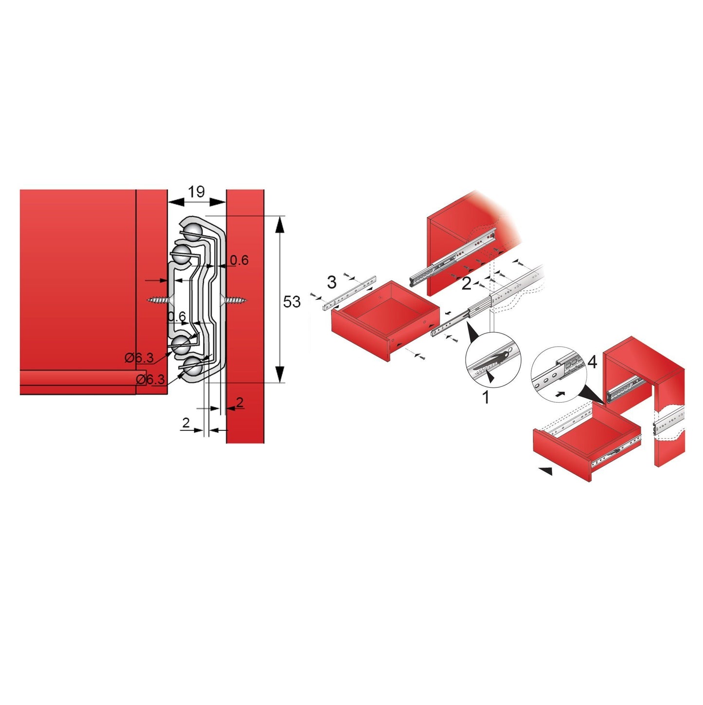 Guide per cassetti con cuscinetti a sfera 1400mm - H53 (sinistra e destra)
