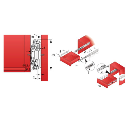 Guide per cassetti con cuscinetti a sfera 1400mm - H53 (sinistra e destra)