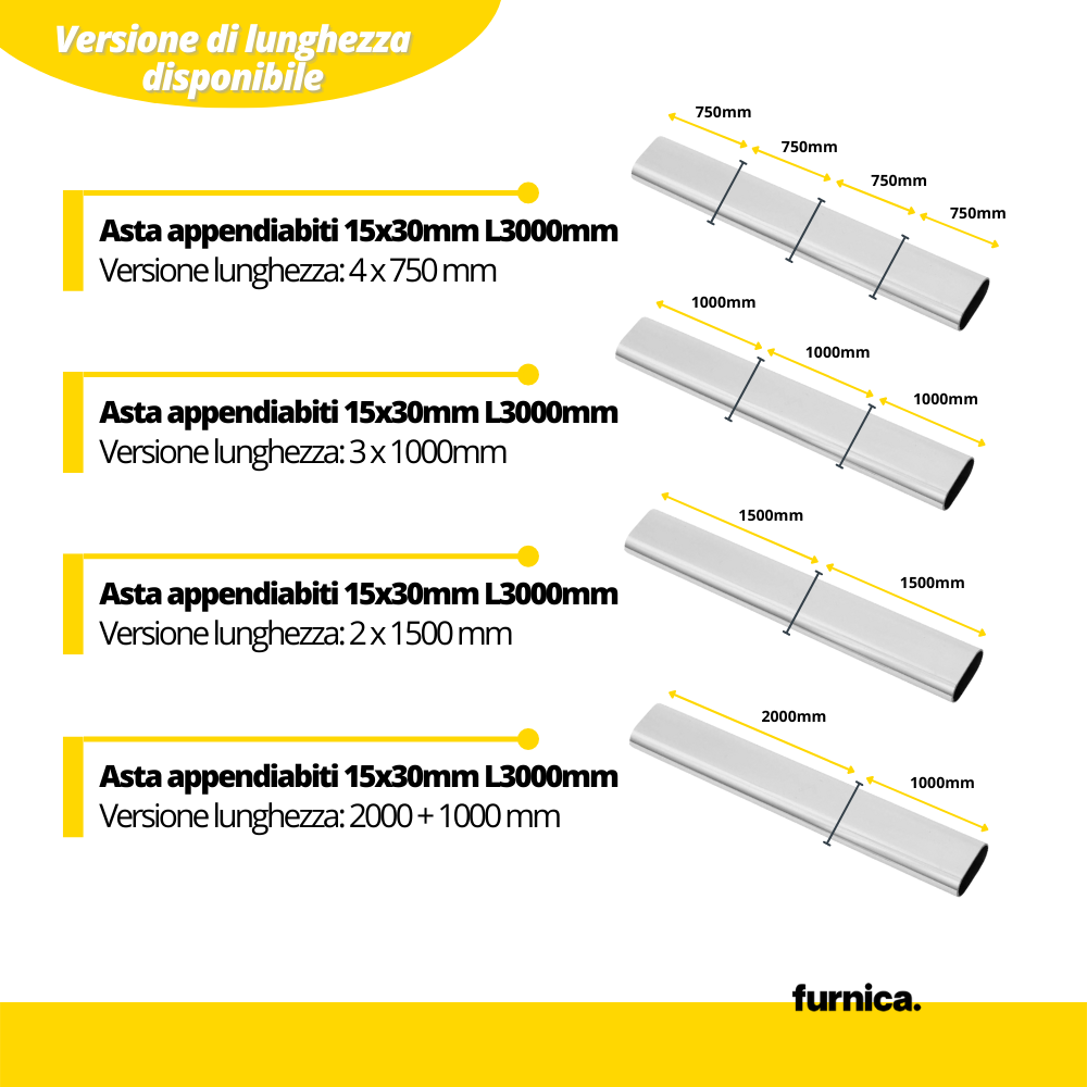 Asta appendiabiti per armadio ovale 15x30mm L3000mm - Cromo