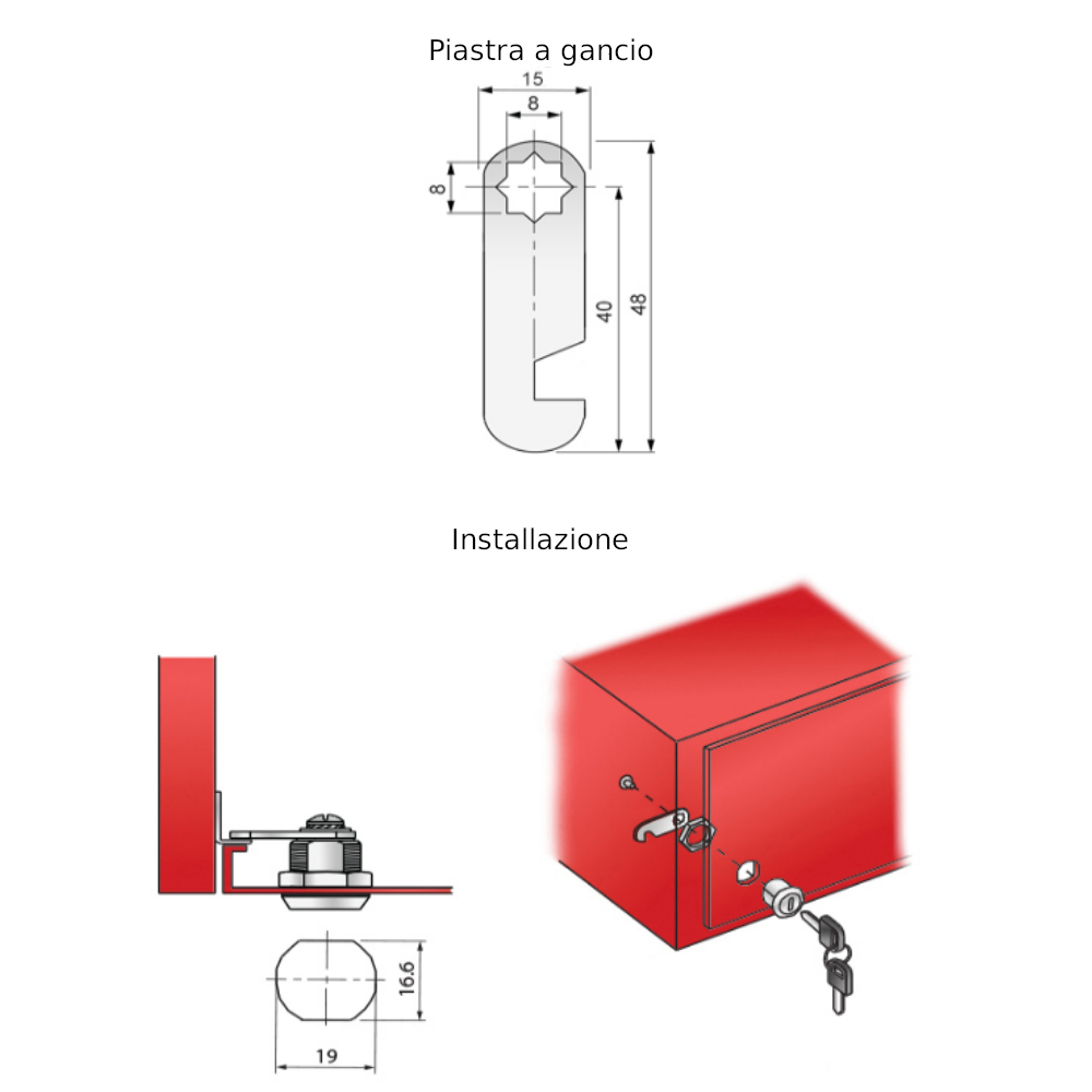 Serratura per cassetta postale con gancio a camma 19x16mm, Cromo
