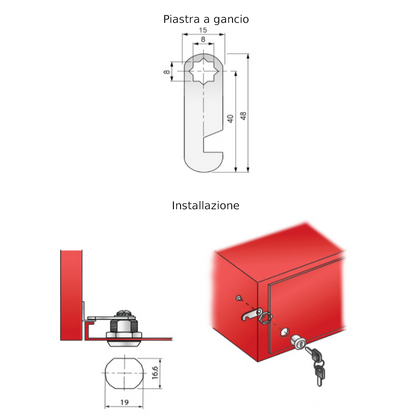 Serratura per cassetta postale con gancio a camma 19x16mm, Cromo