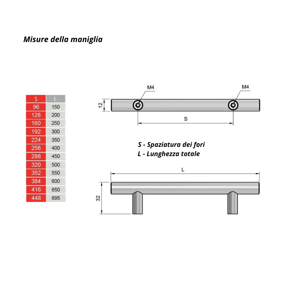 Maniglia a barra 224mm - Acciaio spazzolato (350mm lunghezza totale)