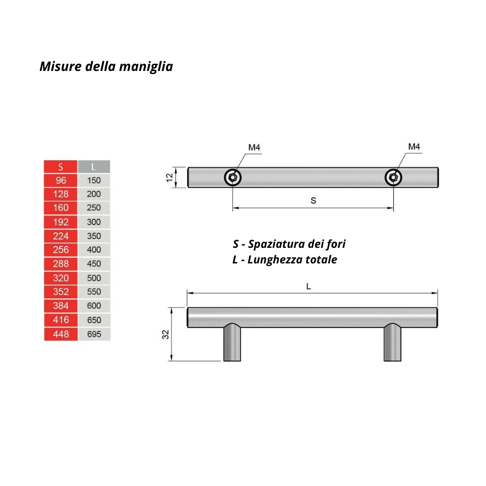 Maniglia a barra - Acciaio spazzolato 96-448mm (150-695mm lunghezza totale)