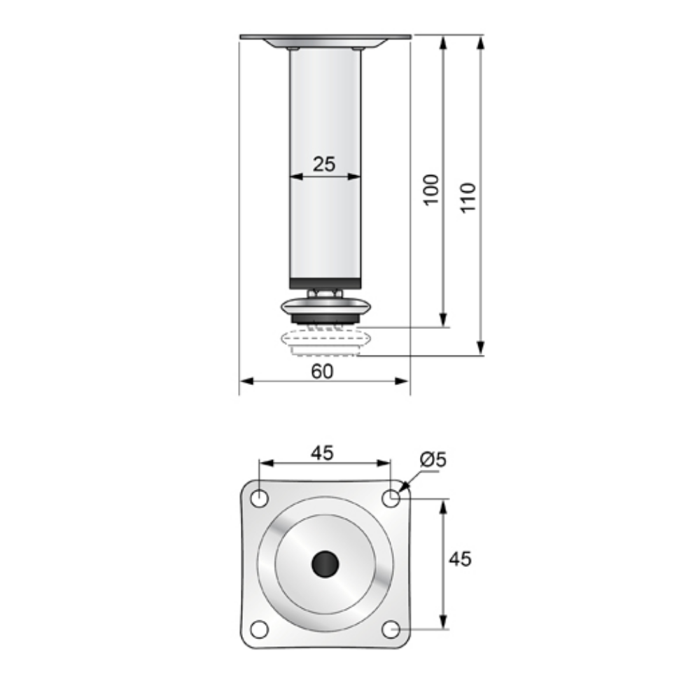 Piedini per Mobili regolabili 25x25mm - Altezza 100mm Raso