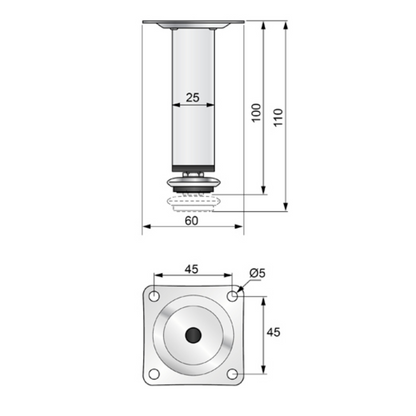 Piedini per Mobili regolabili 25x25mm - Altezza 100mm Raso