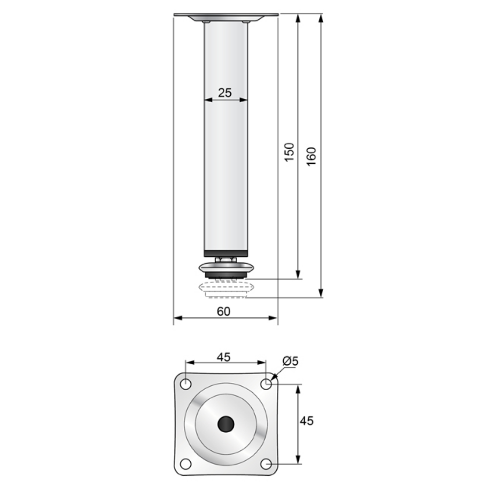 Piedini per Mobili regolabili 25x25mm - Altezza 150mm Cromo