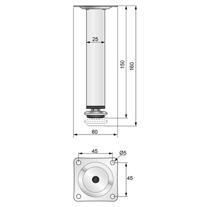 Piedini per Mobili regolabili 25x25mm - Altezza 150mm Cromo