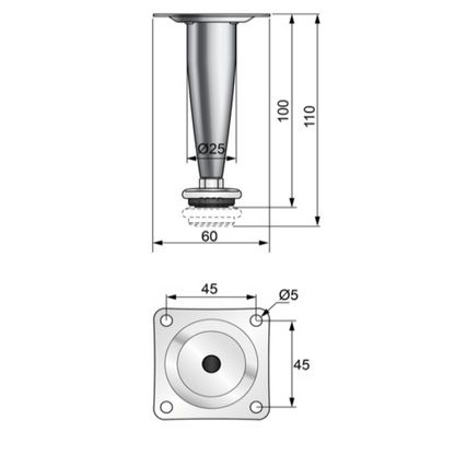Piedini per mobili conico altezza 100mm - Cromo