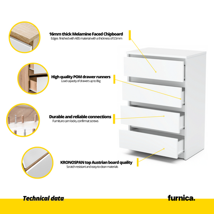 GABRIEL - Comò a 4 cassetti - Credenza per camera da letto - Calcestruzzo / Bianco opaco