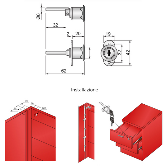 Serratura a cilindro per mobili 19x20mm - Cromo