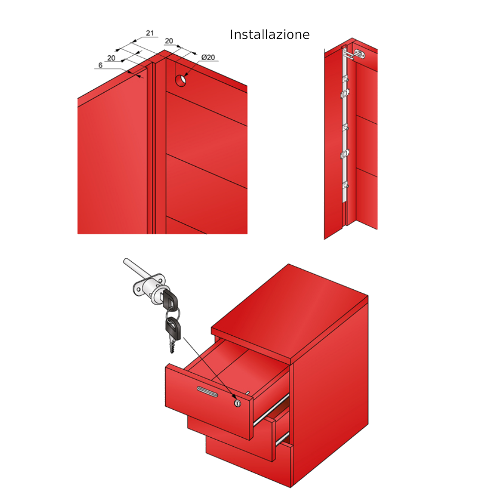 Serratura centrale per 4 cassetti 19x20mm, Striscia da 800 mm - Cromo