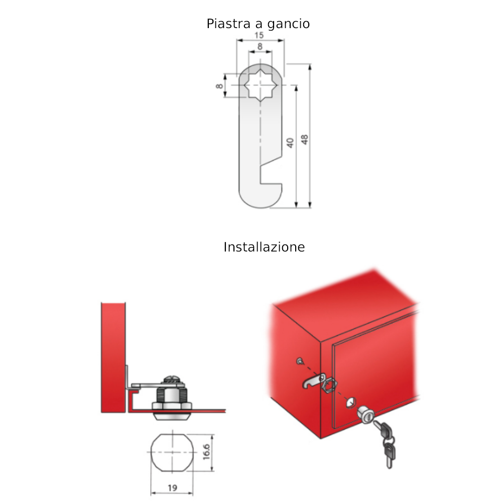 Serratura per cassetta postale con gancio a camma 19x25mm, Cromo