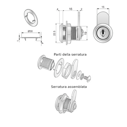 Serratura per cassetta postale con piastra a camma diritta 19x16mm, Cromo