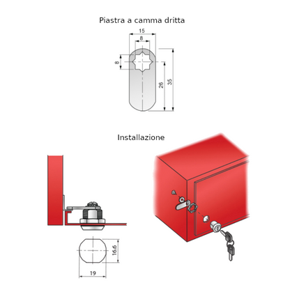 Serratura per cassetta postale con piastra a camma diritta 19x16mm, Cromo