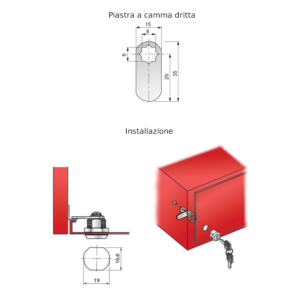 Serratura per cassetta postale con piastra a camma diritta 19x20mm, Cromo