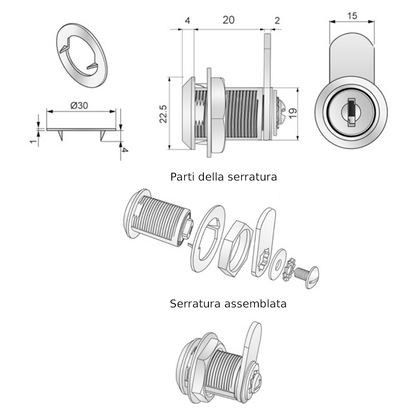 Serratura per cassetta postale con piastra a camma diritta 19x20mm, Cromo
