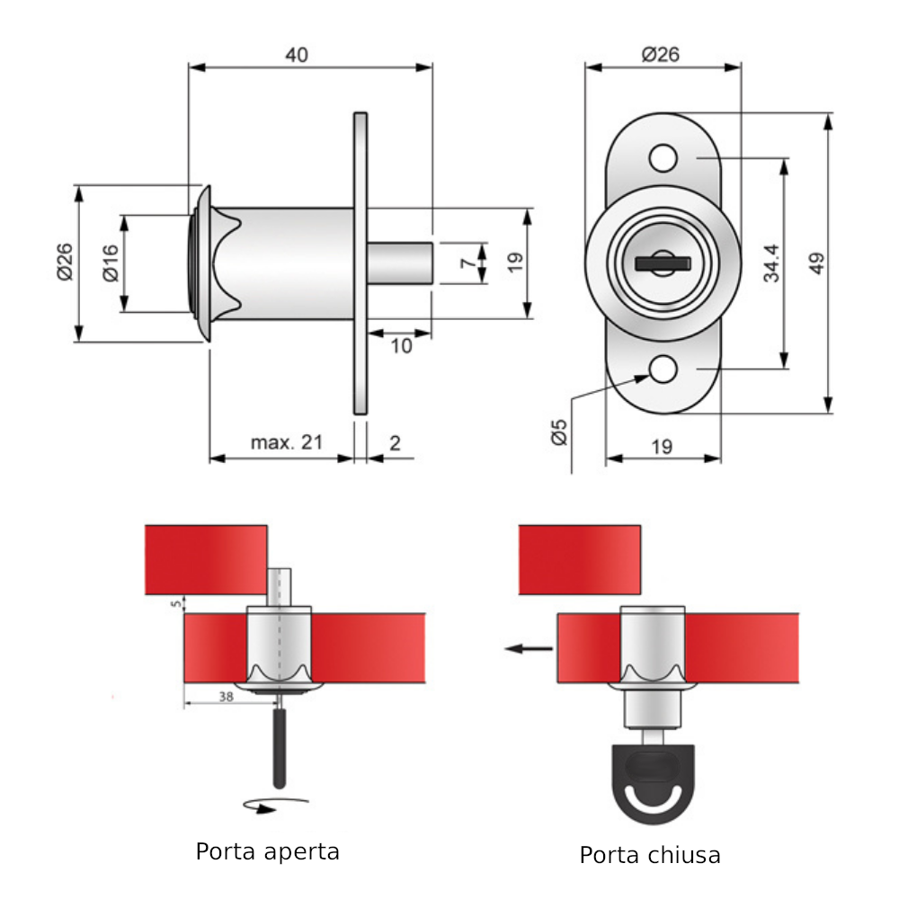 Serratura per cassetta postale per porte scorrevoli 19x24mm, Cromo