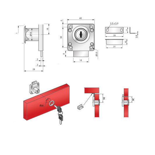 Serratura per mobili quadrati 19x22mm - Chiave identica - Nichel