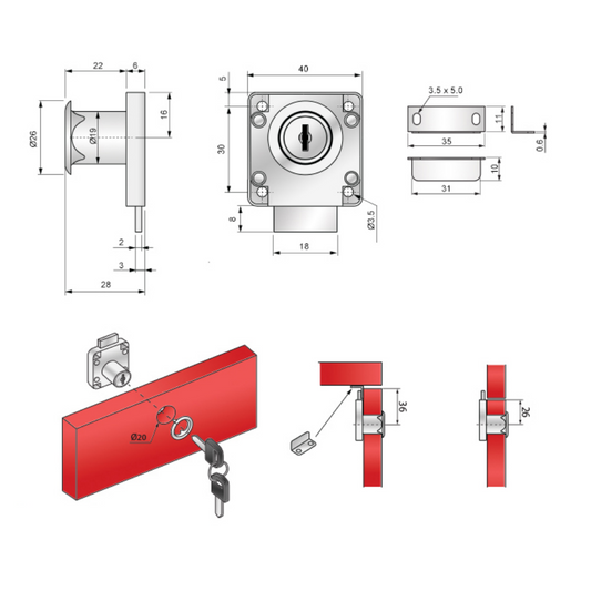 Serratura per mobili quadrati 19x22mm - Nichel