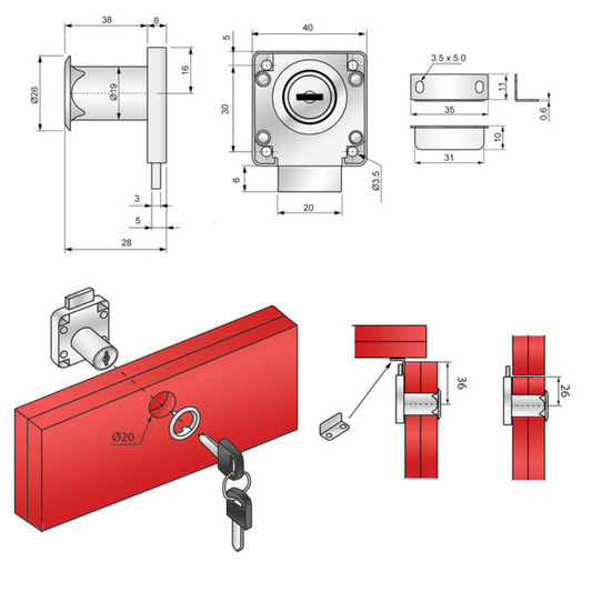 Serratura per mobili quadrati 19x38mm - Cromo