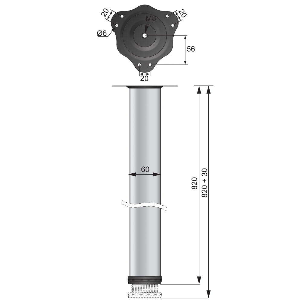 Piedini per Mobili 820mm con acciaio Piastre di Fissaggio - Cromo