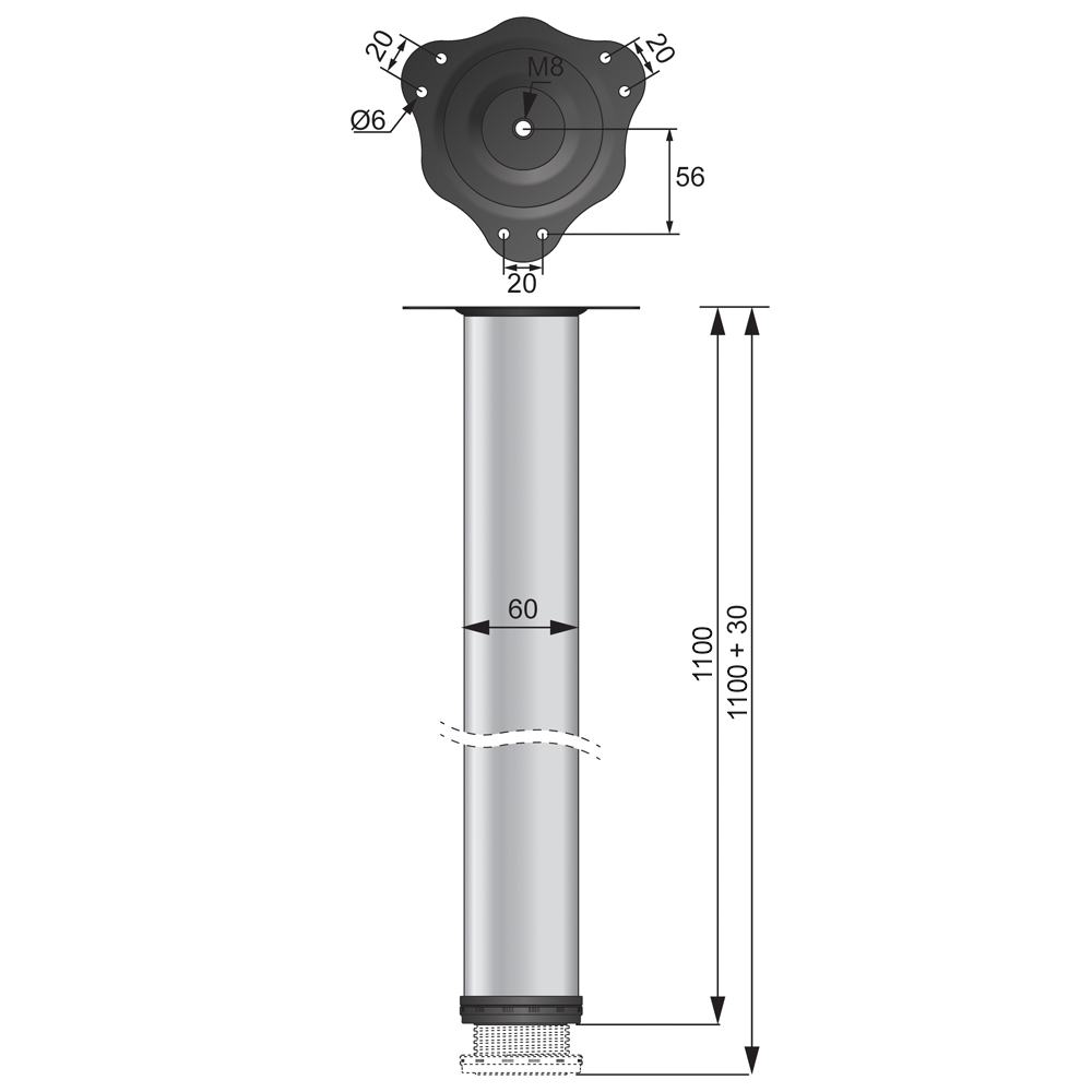 Piedini per Mobili 1100mm con acciaio Piastre di Fissaggio - Alluminio