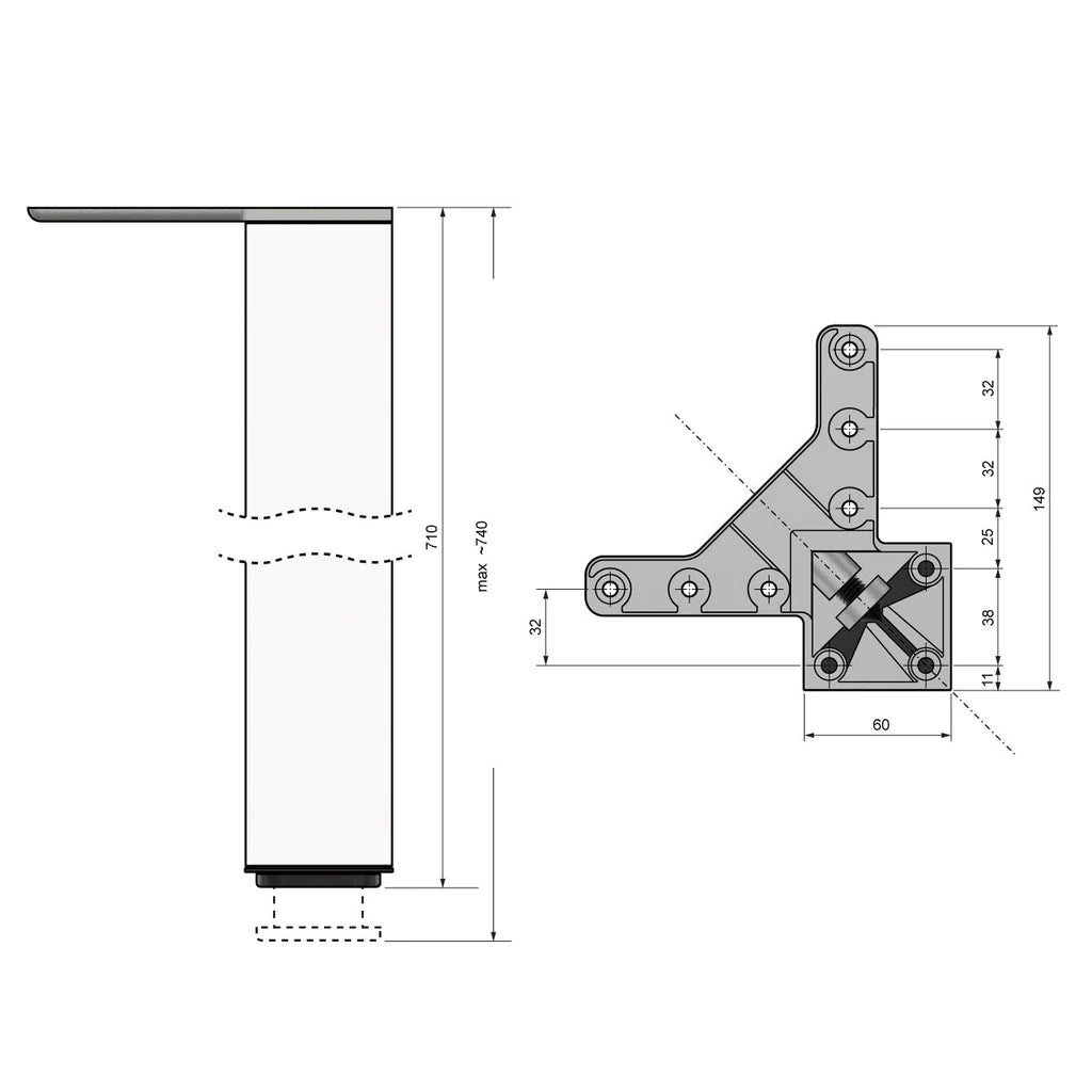 Piedini per Mobili regolabili bianco 710mm - Altezza 100mm