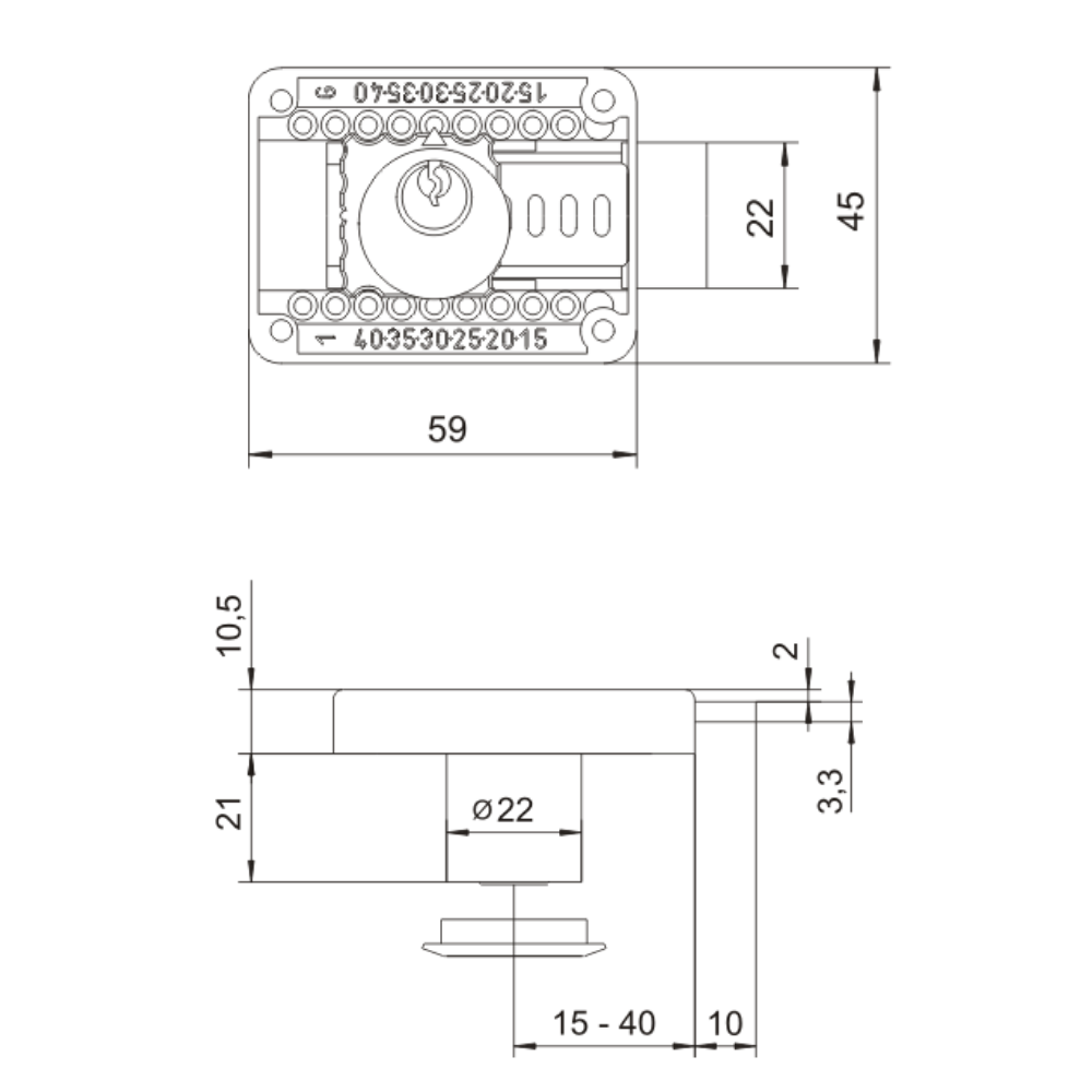 Serratura regolabile per mobili 22x21mm