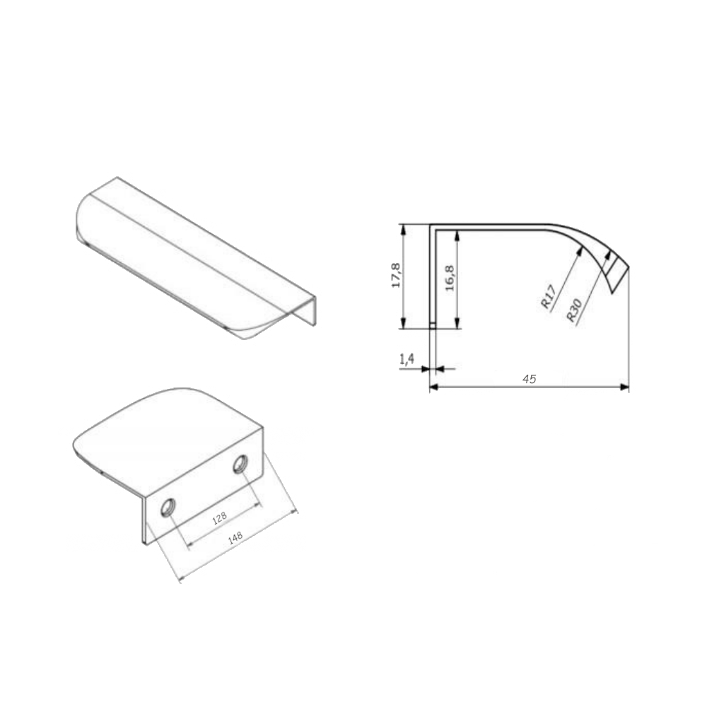 Maniglia per Mobili a profilo tondo Oro Opaco - 128mm (Lunghezze totali 148mm)