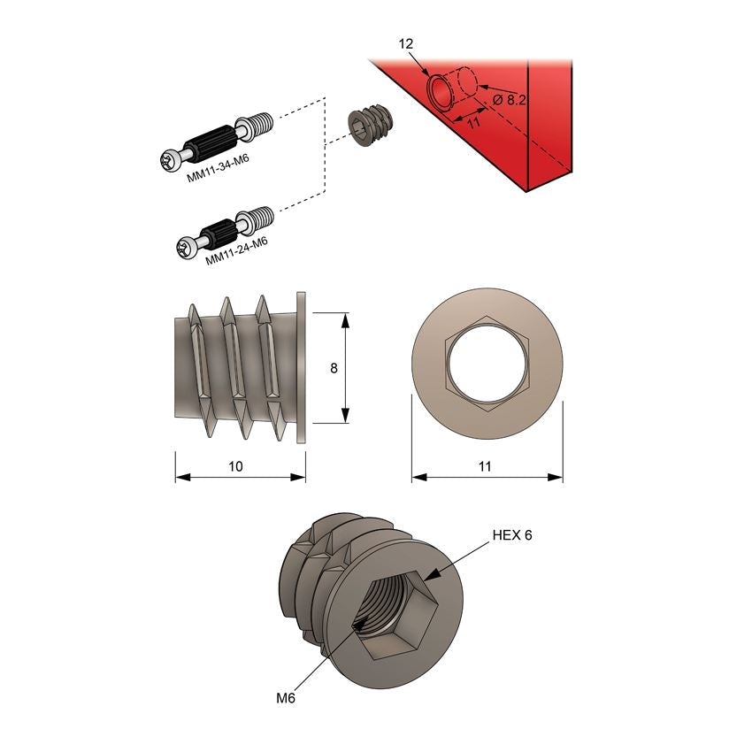 Bussola filettata per legno M6 - 8x10mm (1000 pz) NTP 