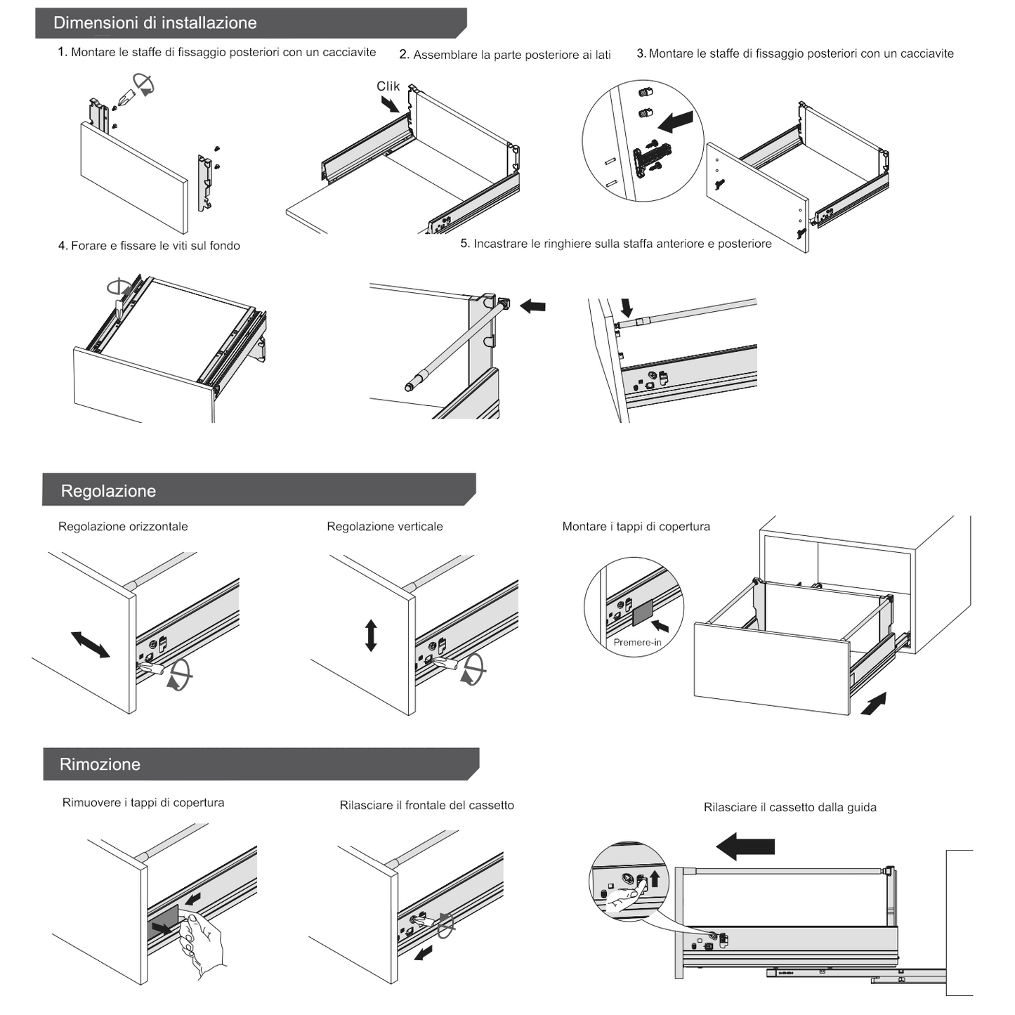 Sistemi per cassetti ammortizzate Alto - Altezza 185mm - Argento